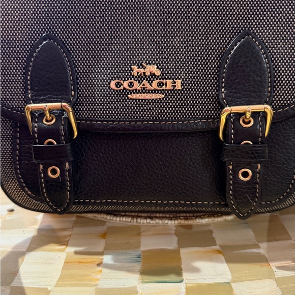 Coach Black and Gold jacquard fabric pebbled leather trim crossbody bag - Picture 2 of 4